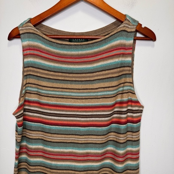 Lauren Ralph Lauren Linen Tan Multi-Colored Striped Sleeveless Sweater Dress - Picture 3 of 15